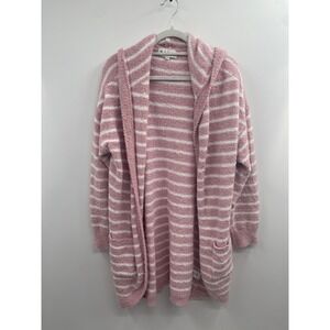 Kikit Cardigan Womens XL Pink White Striped Sherpa Fleece Open Front Hooded Cozy